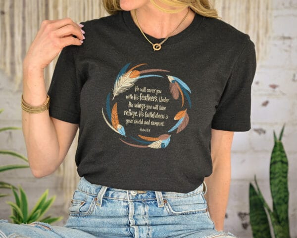 Psalm 91:4 Christian Boho Feather Graphic - Unisex T- Shirt